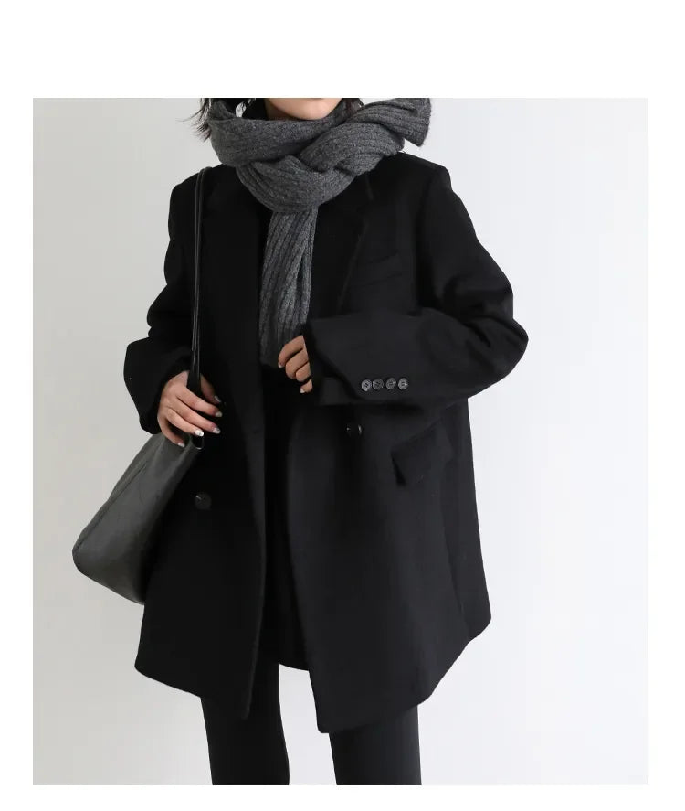 Autumn Winter Korean Women Woolen Blazer Cotton Lining Thick Warm Jacket Solid Color Coat