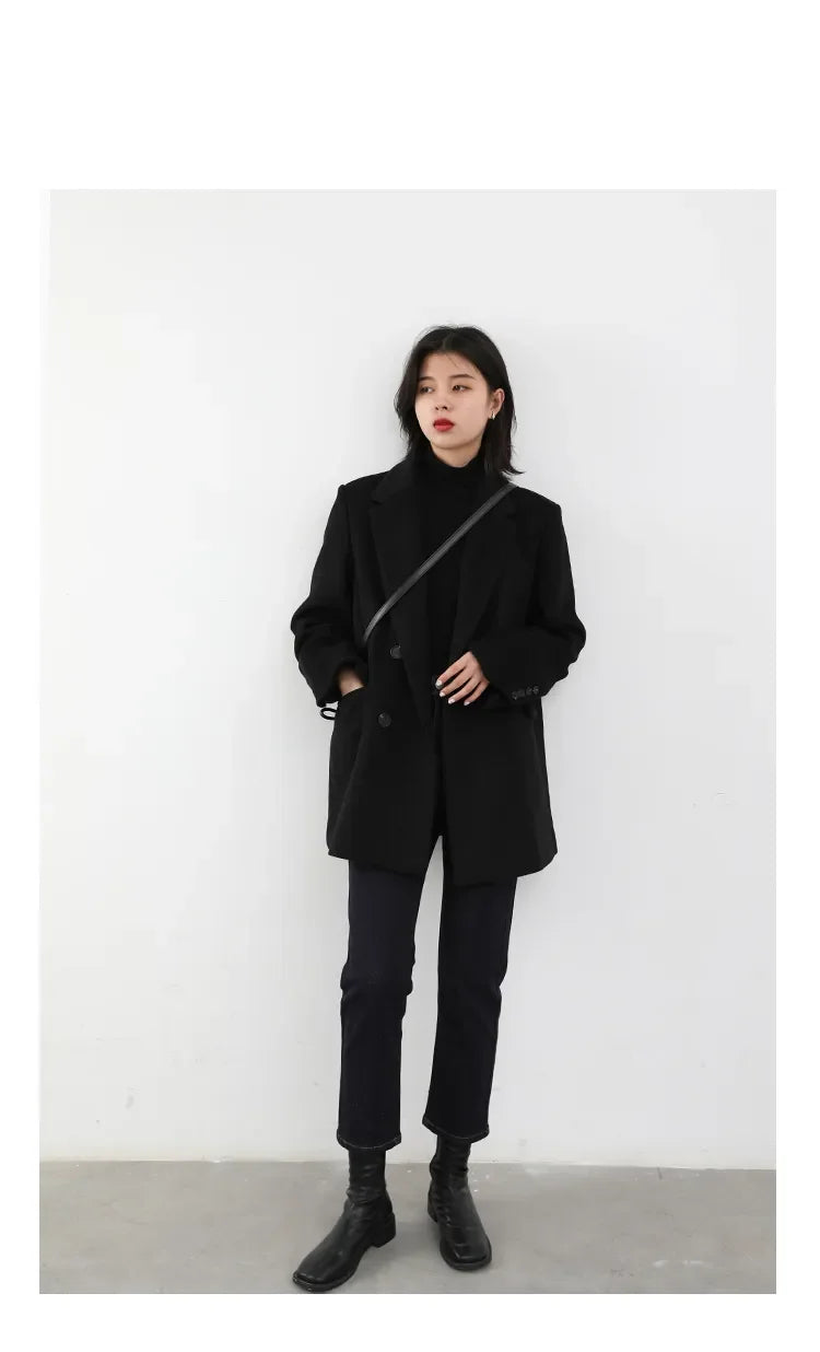 Autumn Winter Korean Women Woolen Blazer Cotton Lining Thick Warm Jacket Solid Color Coat