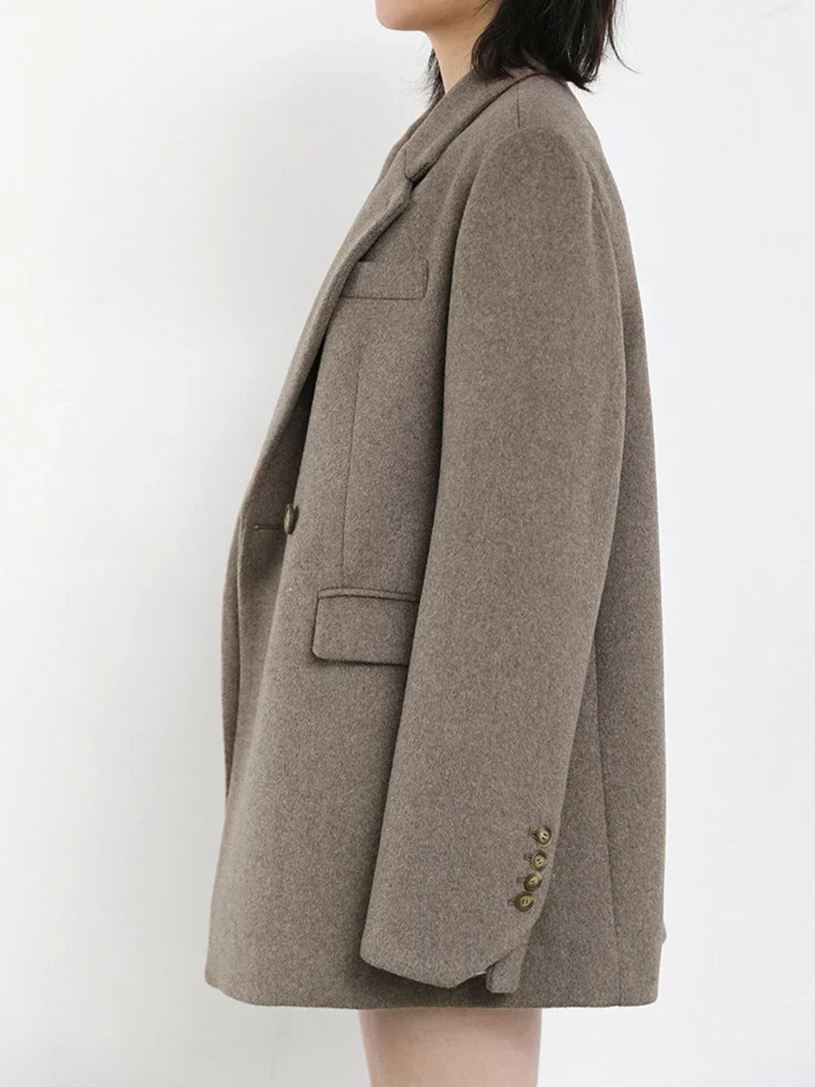 Autumn Winter Korean Women Woolen Blazer Cotton Lining Thick Warm Jacket Solid Color Coat