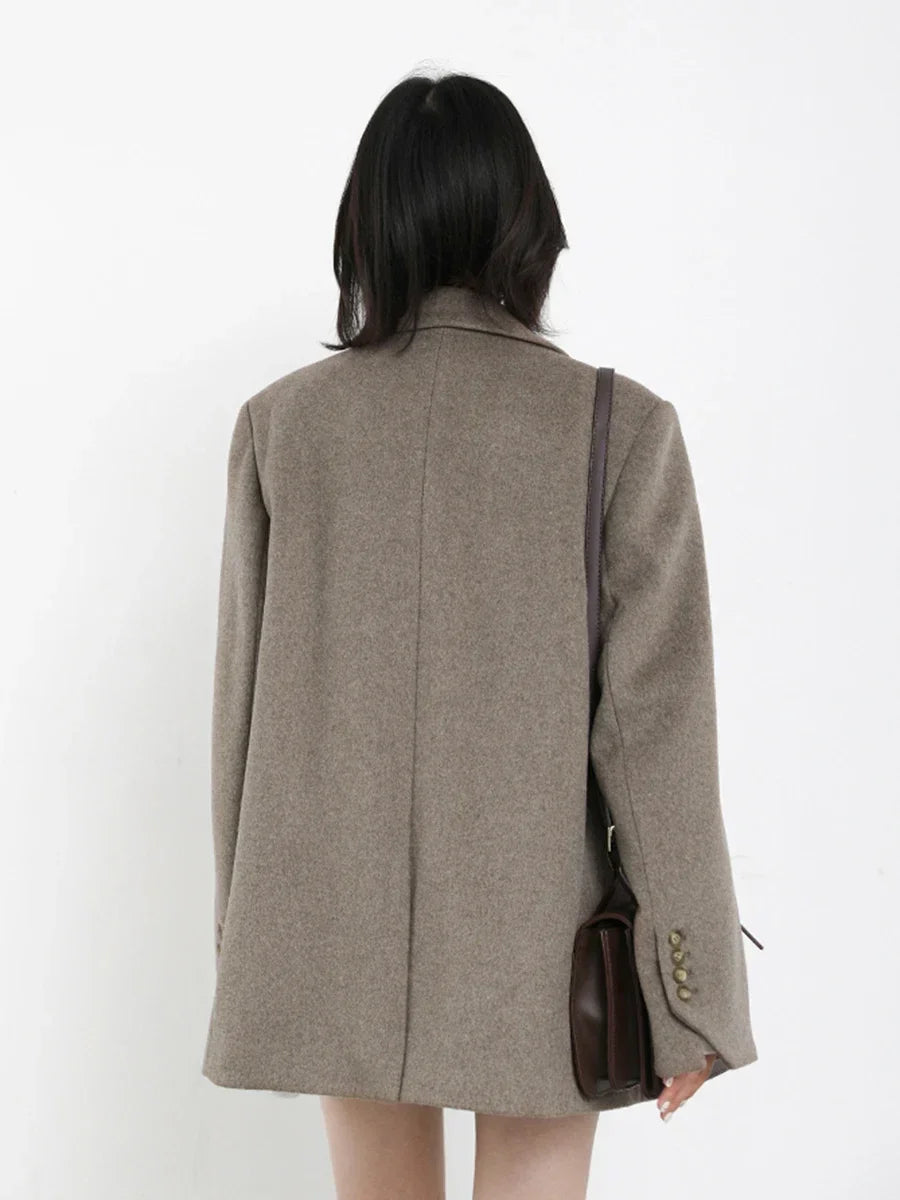 Autumn Winter Korean Women Woolen Blazer Cotton Lining Thick Warm Jacket Solid Color Coat