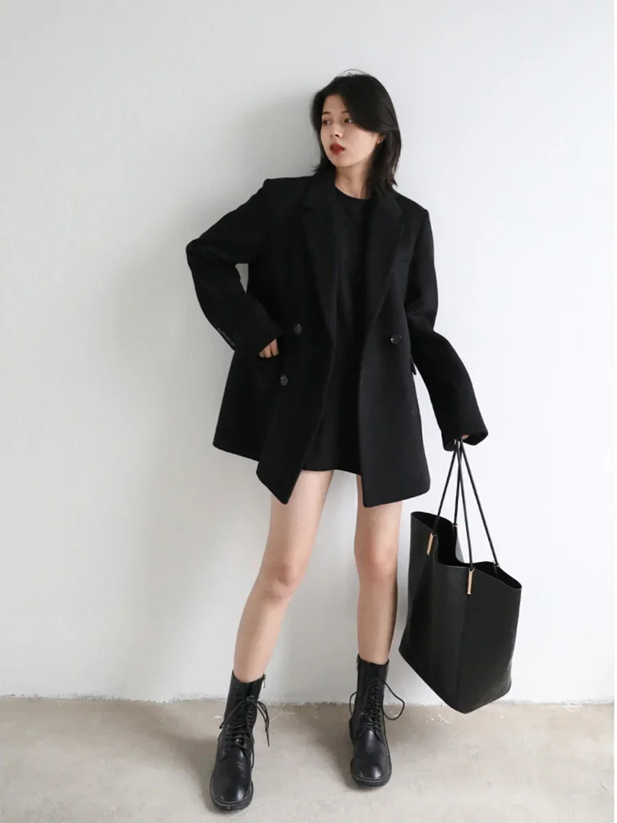 Autumn Winter Korean Women Woolen Blazer Cotton Lining Thick Warm Jacket Solid Color Coat