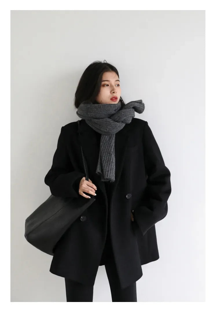 Autumn Winter Korean Women Woolen Blazer Cotton Lining Thick Warm Jacket Solid Color Coat