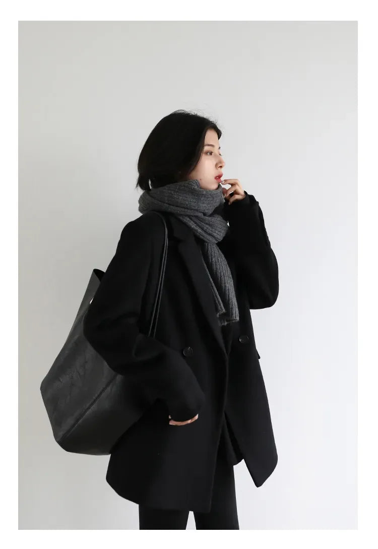 Autumn Winter Korean Women Woolen Blazer Cotton Lining Thick Warm Jacket Solid Color Coat