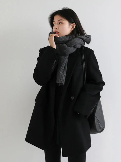 Autumn Winter Korean Women Woolen Blazer Cotton Lining Thick Warm Jacket Solid Color Coat