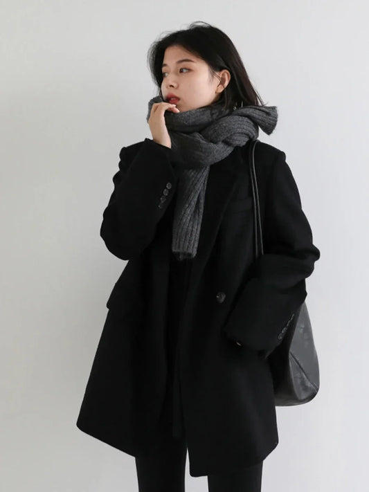 Autumn Winter Korean Women Woolen Blazer Cotton Lining Thick Warm Jacket Solid Color Coat