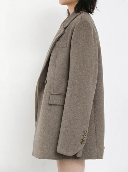 Autumn Winter Korean Women Woolen Blazer Cotton Lining Thick Warm Jacket Solid Color Coat