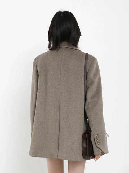 Autumn Winter Korean Women Woolen Blazer Cotton Lining Thick Warm Jacket Solid Color Coat